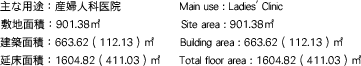 ӡؿͲʰ屡 Main use : Ladies' Clinic ѡ901.38m2 Site area : 901.38m2 ѡ663.62 ( 112.13 )m2 Building area : 663.62 ( 112.13 )m2 侲ѡ1604.82 ( 411.03 )m2 Total floor area : 1604.82 ( 411.03 )m2